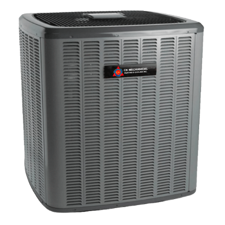 A large, square, gray outdoor air conditioning unit with vented sides and a black grille on top, labeled with the logo and name "CK Mechanical," showcases quality Cooling Products built for reliable performance.