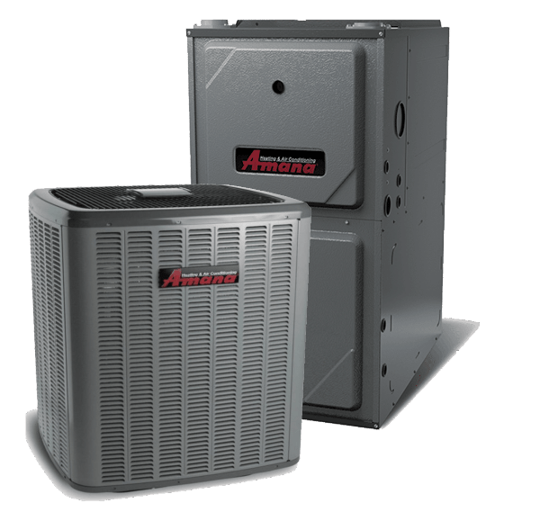 A gray Amana-branded air conditioning unit is positioned in front of a matching Amana furnace. Both appliances are metallic and have black and red logos, designed for residential heating and cooling systems.