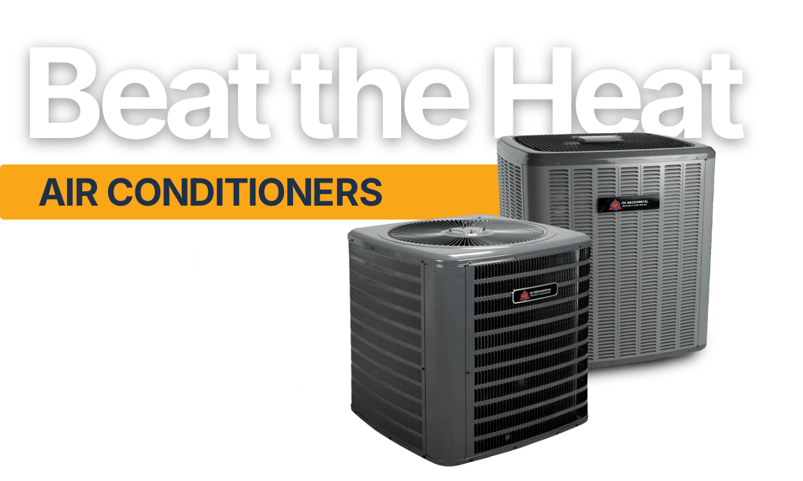 Two air conditioning units with text "Beat the Heat," "Air Conditioners," and "Starting at $39.99 per month + tax" on a light background.