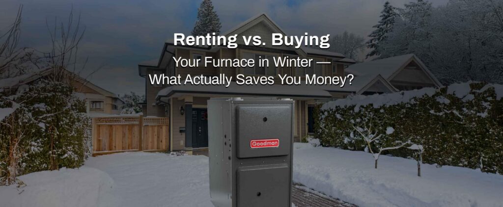 A large furnace sits before a snow-covered suburban house with trees. Text reads: "Renting vs buying a furnace in winter—what actually saves you money?.