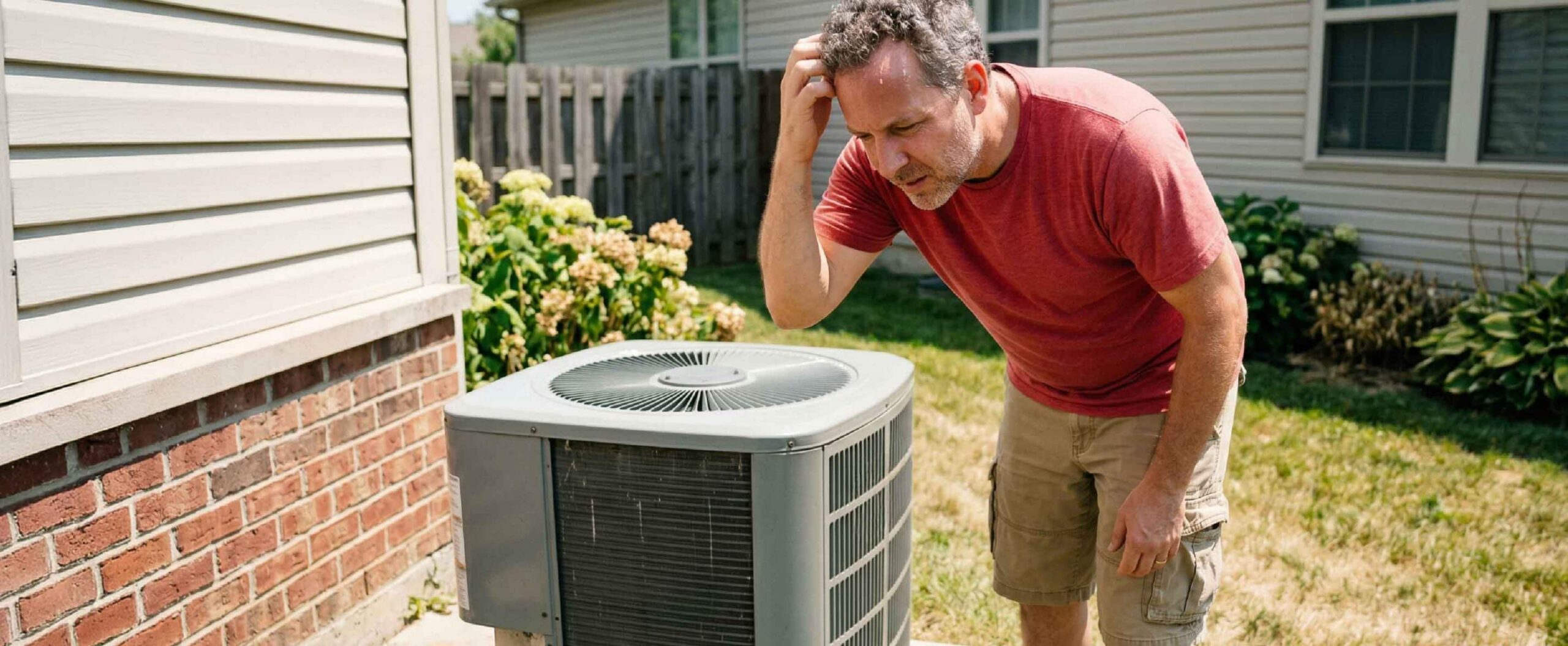 A man in a red shirt and khaki shorts stands outside, scratching his head while looking puzzled at an outdoor air conditioning unit next to a house, clearly wondering why the AC is acting up.