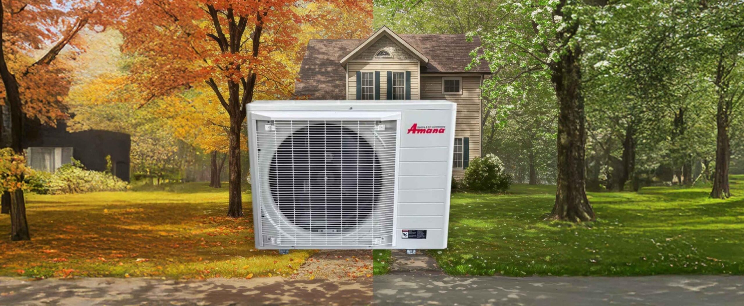 A large outdoor air conditioning unit is centered in front of a house—an ideal scene for anyone buying a heat pump. Autumn trees with orange leaves appear on the left, while the right side shows lush green summer foliage.