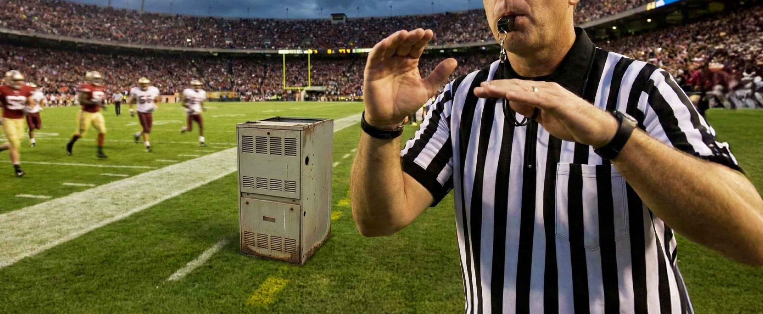 A football referee signals on the field while a large metal industrial furnace, showing furnace failure warning signs, sits on the sideline, with players and a stadium crowd in the background.