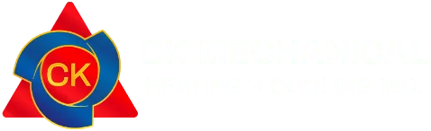 Logo with blue and yellow letters "CK" overlapping a red triangle. To the right, white text reads "CK Mechanical Heating & Cooling Inc." on a light gray background.