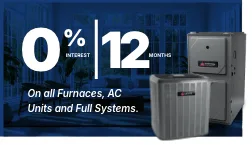 Ad for HVAC systems shows &ldquo;0% interest | 12 months&rdquo; above &ldquo;On all Furnaces, AC Units and Full Systems.&rdquo; Next to the text are images of a furnace and an air conditioning unit.