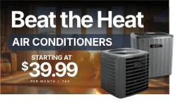 Ad for air conditioners showing two units with text: "Beat the Heat. Air Conditioners. Starting at $39.99 per month + tax." Background features a sunlit living room.