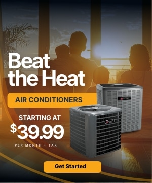 Ad for air conditioners showing two AC units, a family watching a sunset through a window, and text reading &ldquo;Beat the Heat. Air Conditioners Starting at $39.99 per month + tax.&rdquo; A yellow button says &ldquo;Get Started.&rdquo;.