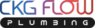 Logo for CKG Flow Plumbing, by CK Mechanical. "CKG Flow" appears in large, modern blue and red gradient letters above a black rounded rectangle featuring "Plumbing" in bold white capitals.
