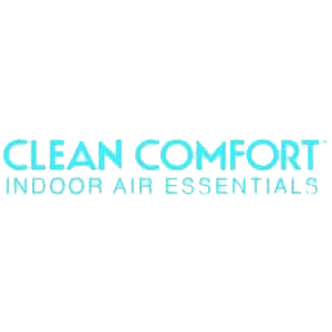Light blue text on a white background reads "CLEAN COMFORT" with "INDOOR AIR ESSENTIALS" in smaller letters below.