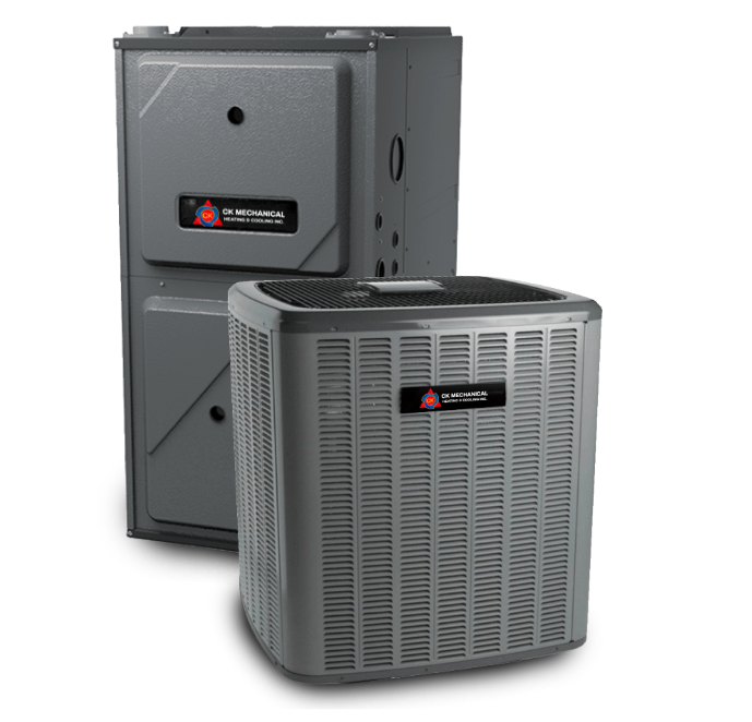 Two gray HVAC units, one upright indoor furnace and one outdoor air conditioning condenser, both labeled with the DK Mechanical logo, standing side by side on a plain white background.