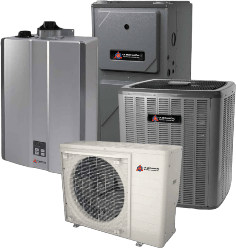 Four types of HVAC equipment, including a tankless water heater, a furnace, an outdoor air conditioning unit, and a heat pump, all labeled with the GE Mechanical logo, grouped together on a white background.