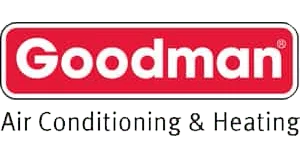 Goodman logo with white text on a red rectangle, and the words "Air Conditioning & Heating" below in black.