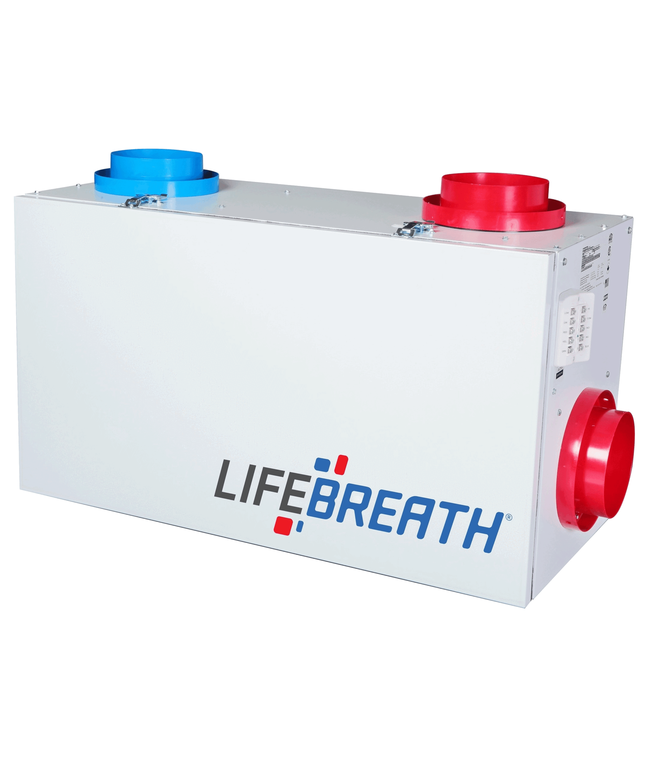 A rectangular white Lifebreath ventilation unit with two red and one blue circular air ducts on top and side, and the Lifebreath logo displayed on the front.