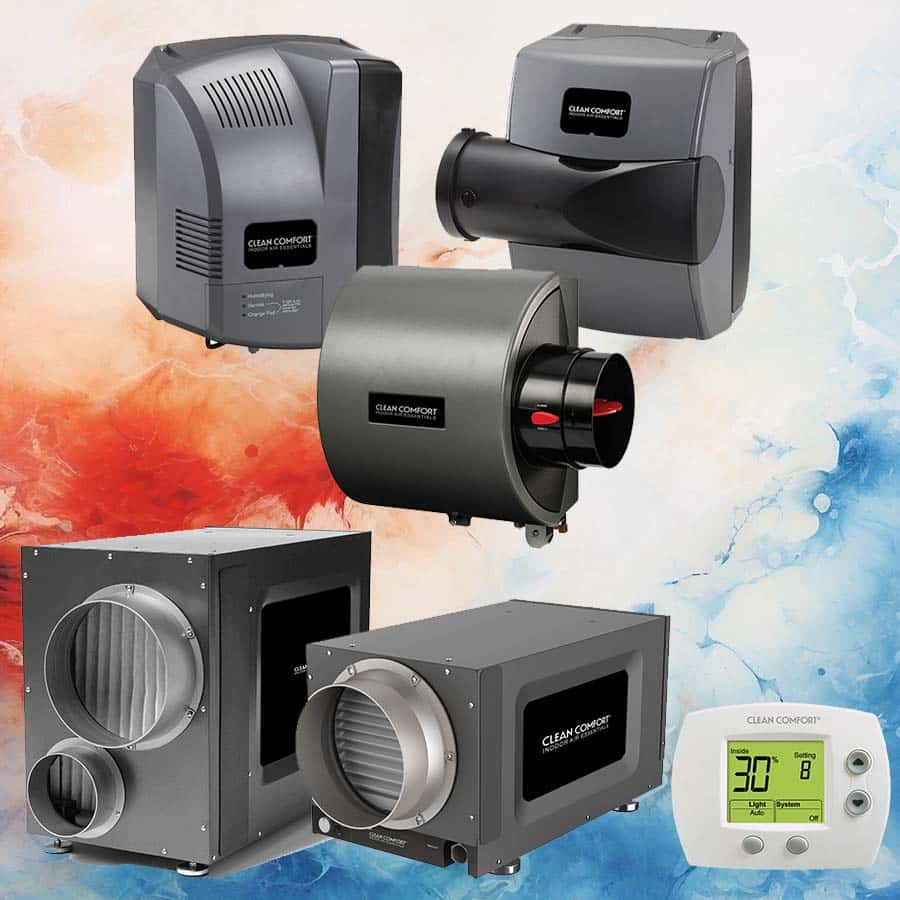 Five Clean Comfort branded Indoor Air Quality Products and a digital thermostat are displayed against a background split blue (left) and red (right), suggesting precise temperature control.