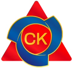 A red triangle in the background with a blue circular arrow overlay highlights products. The yellow letters "CK" are centered inside the circle, and both the triangle and circle feature gold outlines.