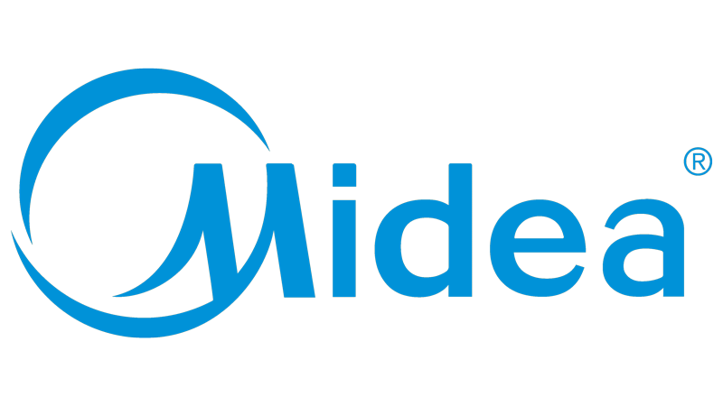 The image shows the Midea logo, featuring the word "Midea" in blue text with a stylized circular swoosh forming the left side of the letter "M." A small registered trademark symbol appears above the "a.
