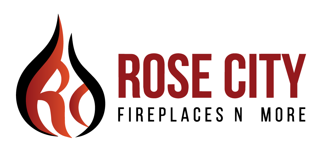 Logo for "Rose City Fireplaces N More" featuring a stylized flame with the letters "RC" inside it on the left, and the business name in bold red and black text on the right.