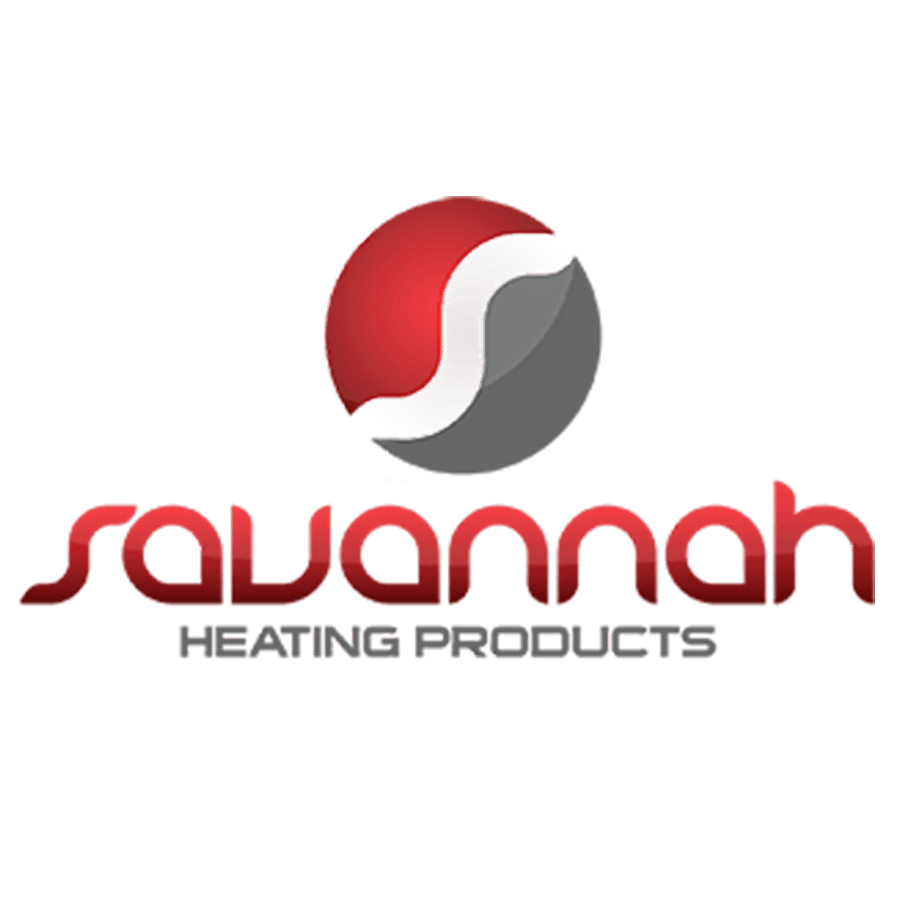Logo for Savannah Heating Products featuring a stylized red and gray sphere above the brand name "savannah" in lowercase red letters, with "HEATING PRODUCTS" in smaller gray text underneath.