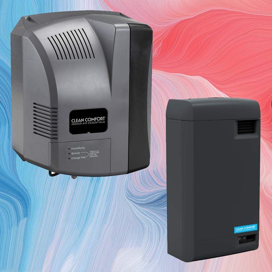 Two black rectangular Clean Comfort indoor air essentials units are displayed side by side against a blue and red swirling background, highlighting the importance of Indoor Air Quality Services for a healthier home environment.
