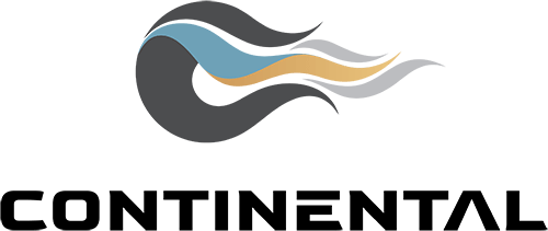 Logo with the word "CONTINENTAL" in bold black letters below a curved black shape with blue, orange, and gray wave-like lines extending from it.