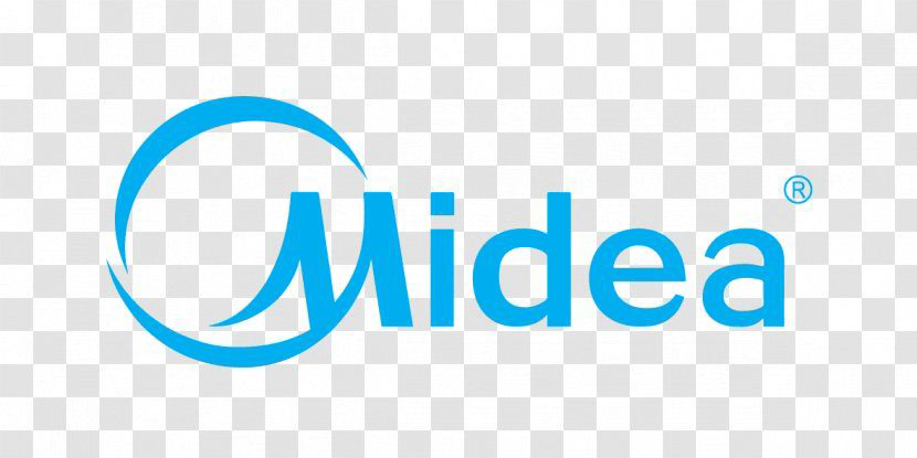 The image shows the blue "Midea" logo with a stylized "M" forming part of a circular design on a transparent, checkered background.
