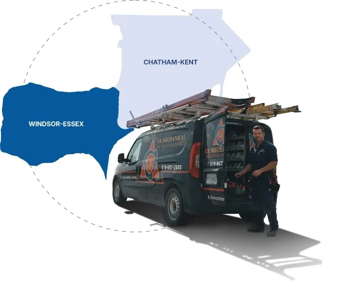 A person stands beside a CK Mechanical service van with ladders on top and its rear doors open. A map in the background highlights Windsor-Essex and Chatham-Kent regions.